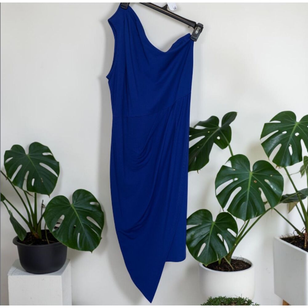 Blue One Shoulder Midi Dress Women Size Large Asymmetrical Cocktail Dress